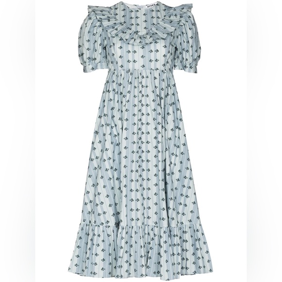 💙NWT Batsheva blue floral May cotton midi ruffle prairie cottagecore dress💙 - Picture 1 of 16
